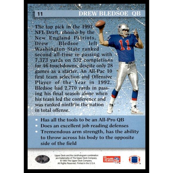 1993 Upper Deck #11 Drew Bledsoe New England Patriots Rookie Football Card - Picture 2 of 2